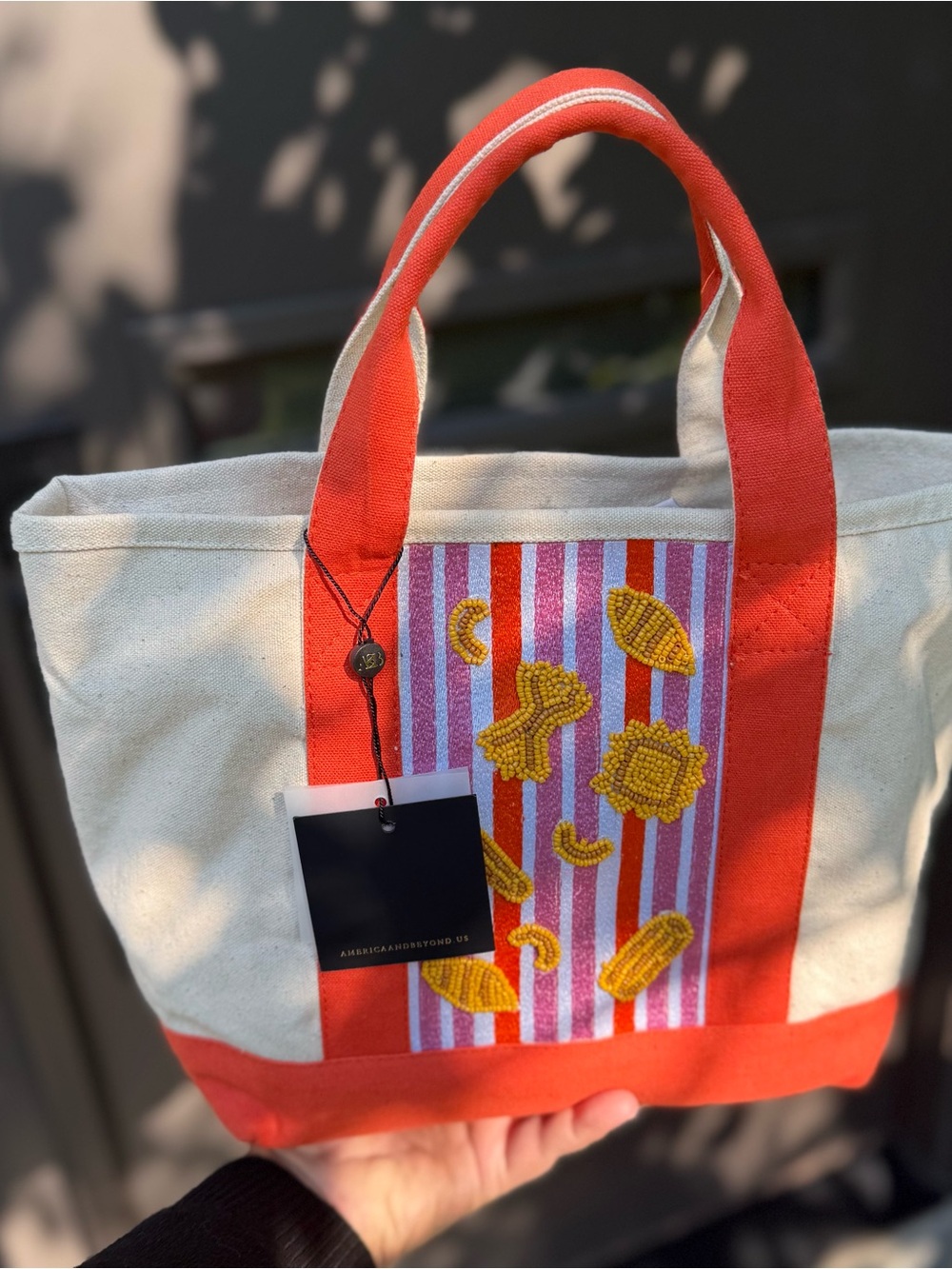 America & Beyond Beaded Embroidered Pasta Shells Canvas Tote Bag NWT